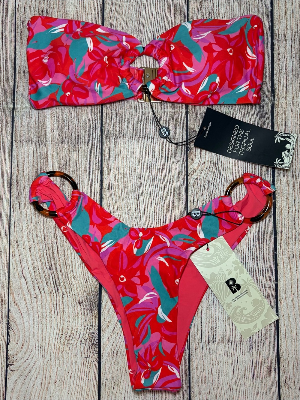 Blackbough Red Floral Bandeau Bikini Set with Teal Accents